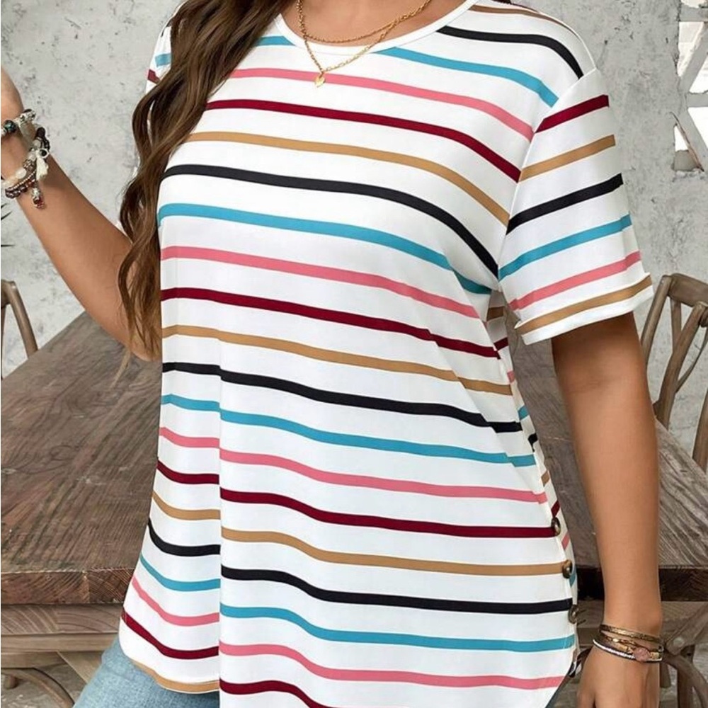 SHEIN White Short Sleeve Tee with Multicolor Stripes